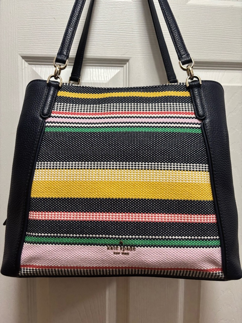 Kate Spade NY Market Stripe Canvas & Navy Leather Triple Compartment Tote in EUC